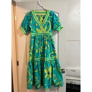 Gretchen Scott VIVIRS Dress Full Bloom Turquoise Green Maxi Boho Puff Sleeve